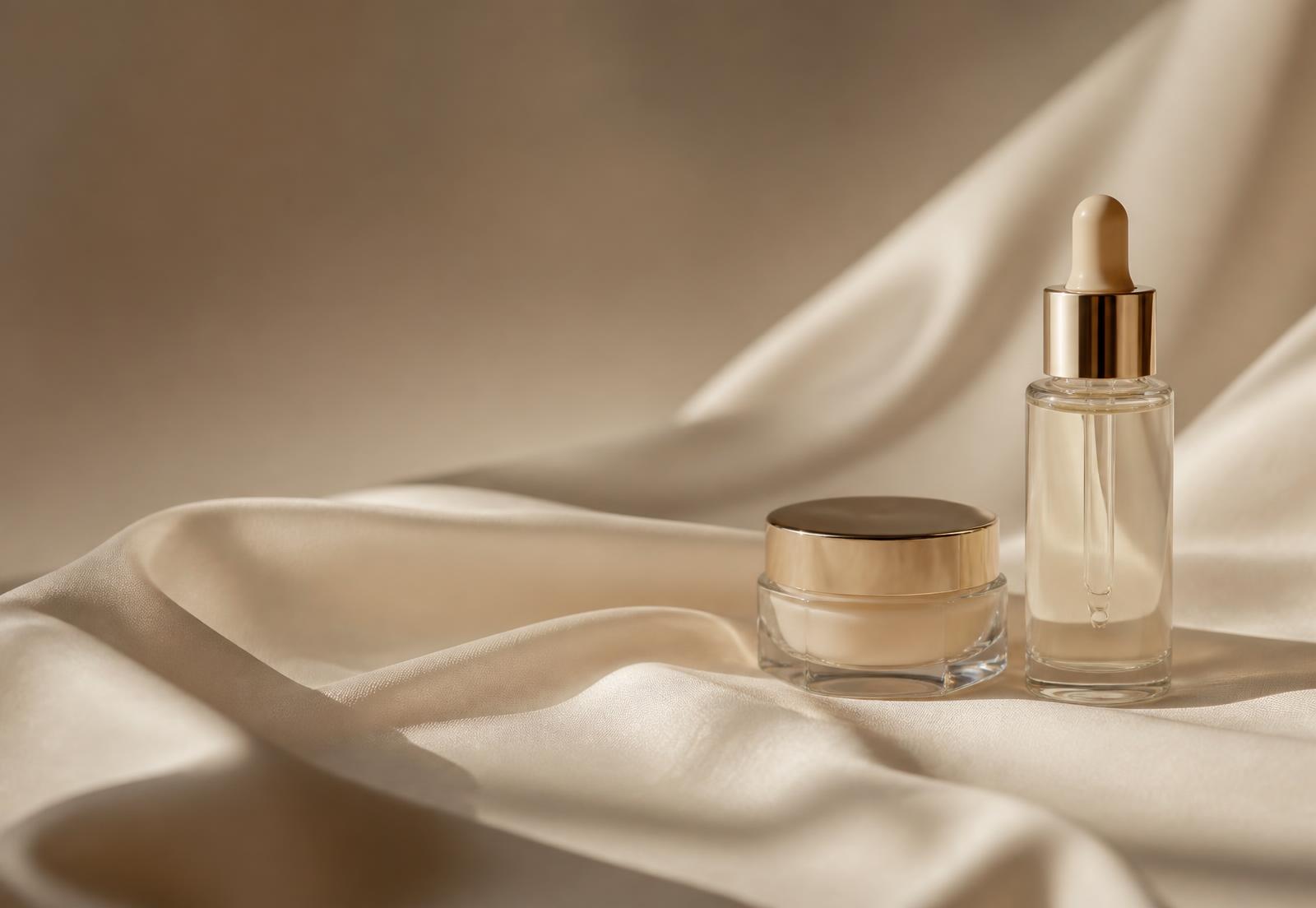 Luxury skincare serum and cream on ivory silk